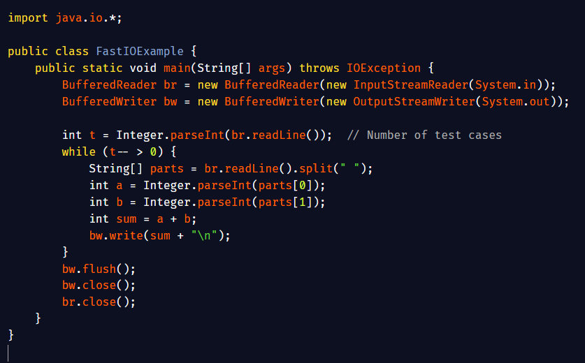 gutsOfDarkness8's tweet image. Fast Input/Output:
In coding contests, reading and writing data fast is very important. Using BufferedReader and BufferedWriter instead of Scanner and System.out.println helps your Java program run much faster.