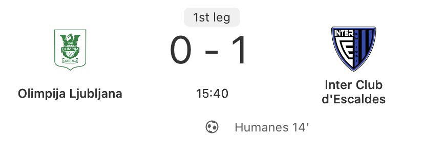 TheEuroFE's tweet image. 🇦🇩 Andorra’s terrific start to the European Qualifiers is CONTINUING as Inter Club d'Escaldes LEAD away at Slovenian champions Olimpija Ljubljana! 🤯
Olimpija Ljubljana were playing in the Champions League just LAST WEEK!