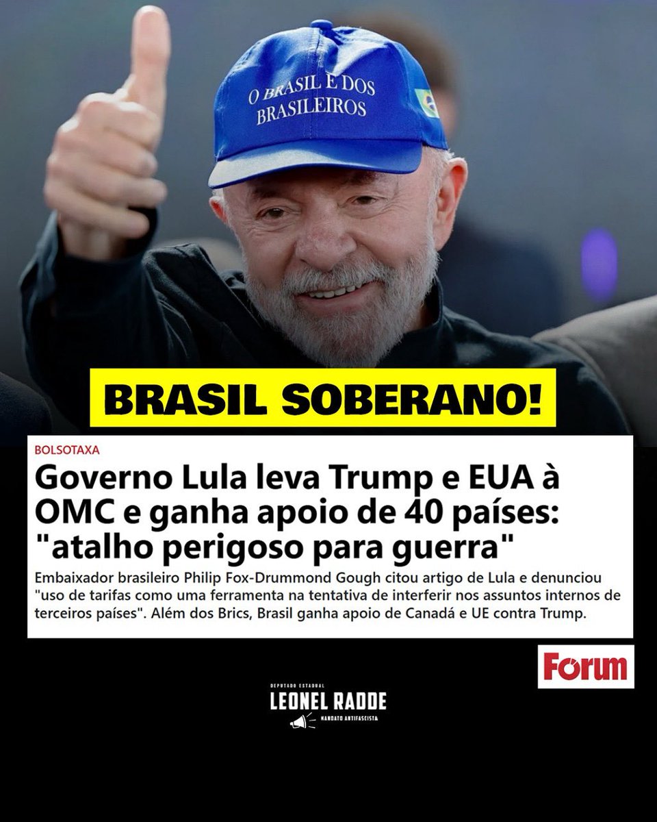 LeonelRadde's tweet image. Em manifesto contra os EUA, governo Lula receve o apoio de 40 países contra as taxações de Trump. Lula recorreu à Organização Mundial do Comércio (OMC) e conseguiu o apoio de mais de 40 países, incluindo os governos da Rússia, Índia, China, UE e Canadá.