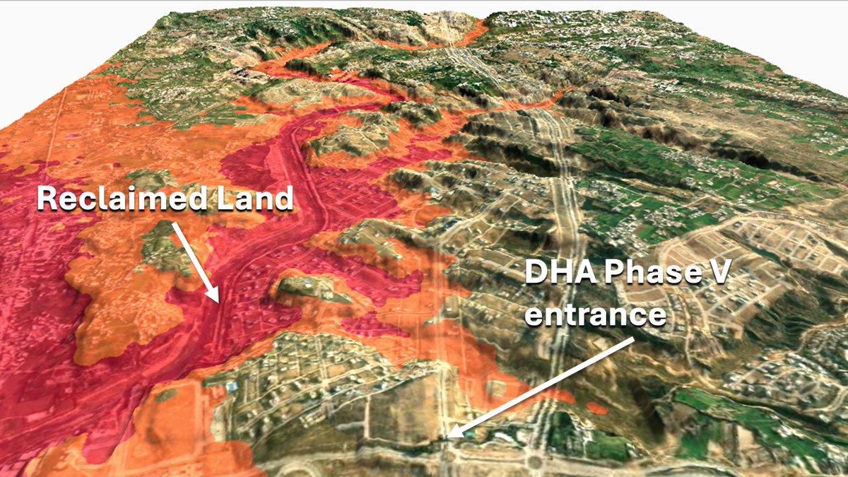 An exaggerated relief map of flood-hit DHA Phase V in Isb/Rwp that shows how its development cut through Soan River's natural drainage channels. Large portions of the society lie within &amp; obstruct the rivers drainage pathways &amp; thus remain at high risk for future floods.