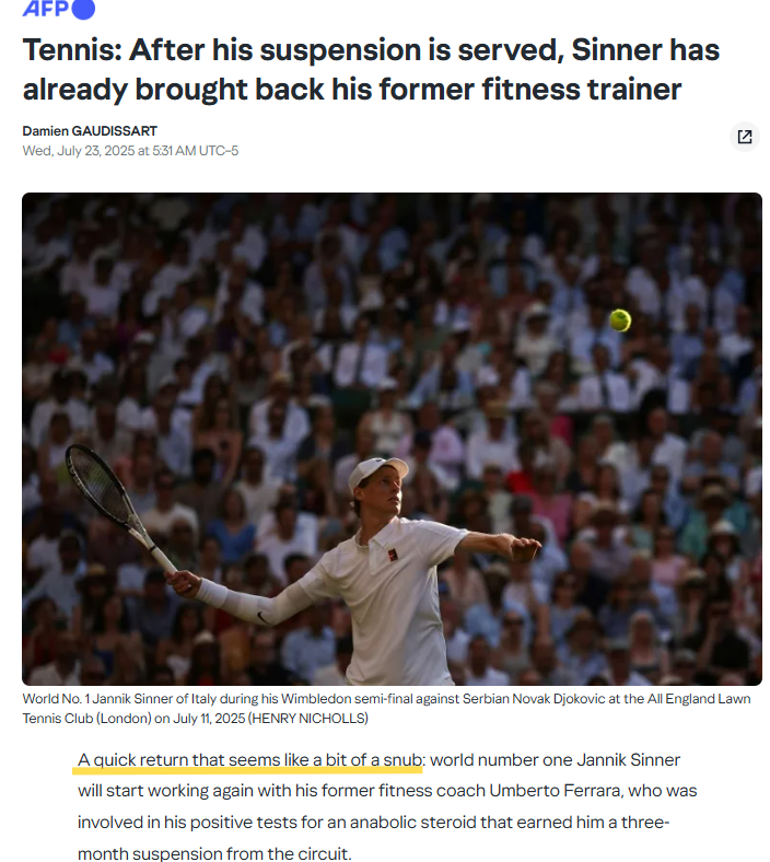 CristinaNcl's tweet image. AFP:
A quick return that seems like a bit of a snub: world number one Jannik Sinner will start working again with his former fitness coach Umberto Ferrara, who was involved in his positive tests for an anabolic steroid...
fr.news.yahoo.com/sport/tennis-s…