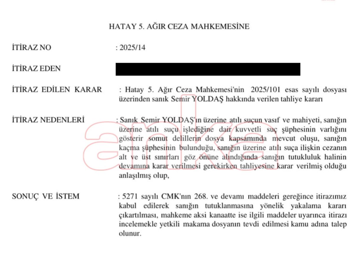 Hatay'da 6 Şubat depremlerinde 47 kişinin hayatını kaybettiği Ilgım Apartmanı davasının tek tutuklu sanığı olan yapı kontrol elemanı Semir Yoldaş'ın tahliye kararına savcı itiraz etti.

ankahaber.net/haber/detay/sa…

<a href="/BurcuOzkaya21/">Burcu Özkaya Günaydın</a> <a href="/aegilmezz/">Av. Abdullah Eğilmez</a> 

ankahaber.net/haber/detay/sa…