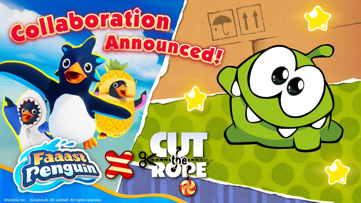 🐧A familiar face from mobile games!
A collaboration with "Cut the Rope" has been announced! 🎉

The hungry little monster Om Nom appears in the world of Faaast Penguin looking for candy! 🍭🍬

Kicking off on August 13—stay tuned!
#FaaastPenguin #CutTheRope