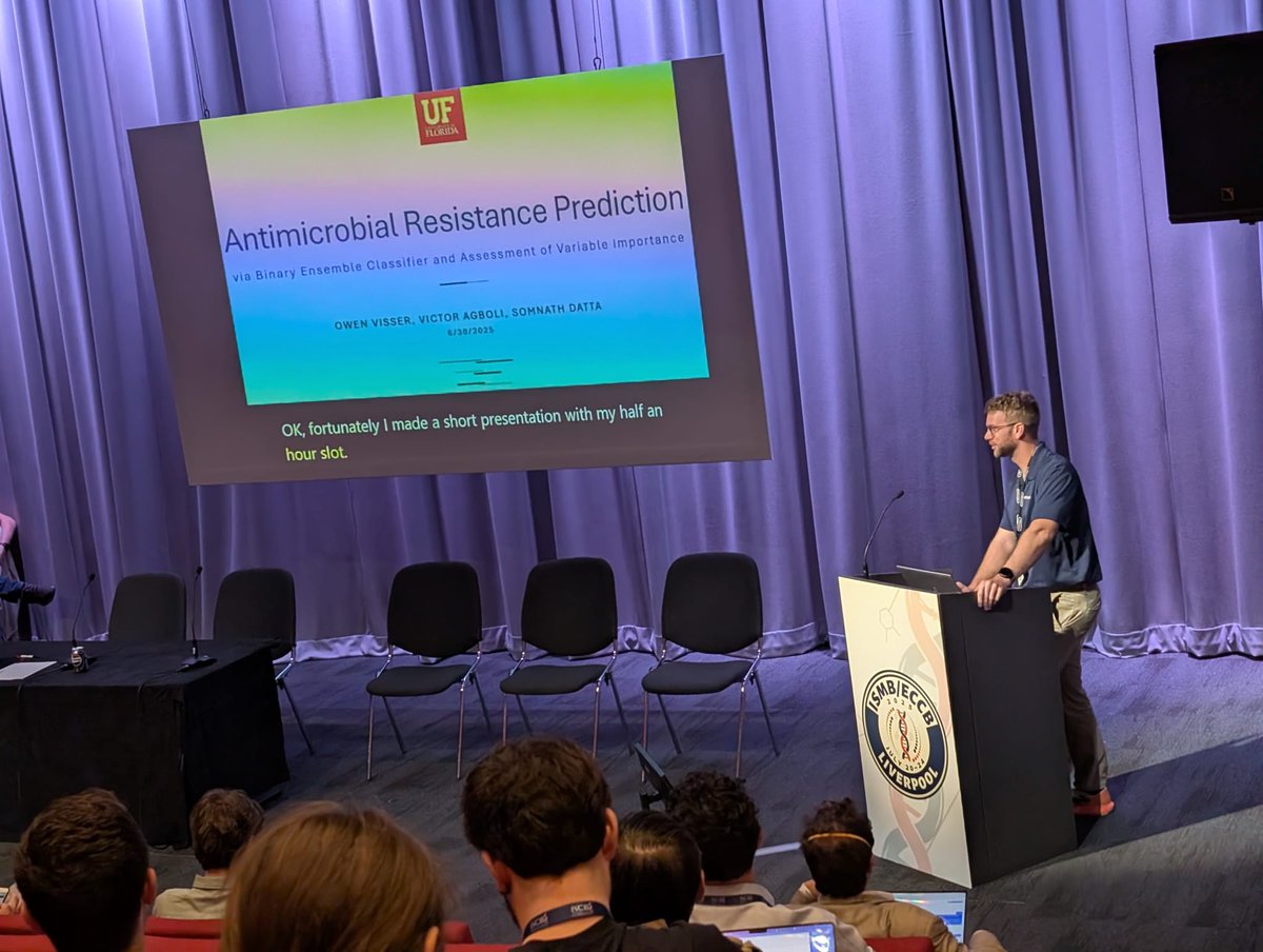 Owen Visser (Univ. of Florida) presents an ensemble ML model for AMR prediction at #CAMDA25, #ISMBECCB2025. Trained on strain-specific markers &amp; AMR gene classes, achieving up to 98.2% accuracy (A. baumannii). Permutation analysis reveals key resistance genes in diverse pathogens