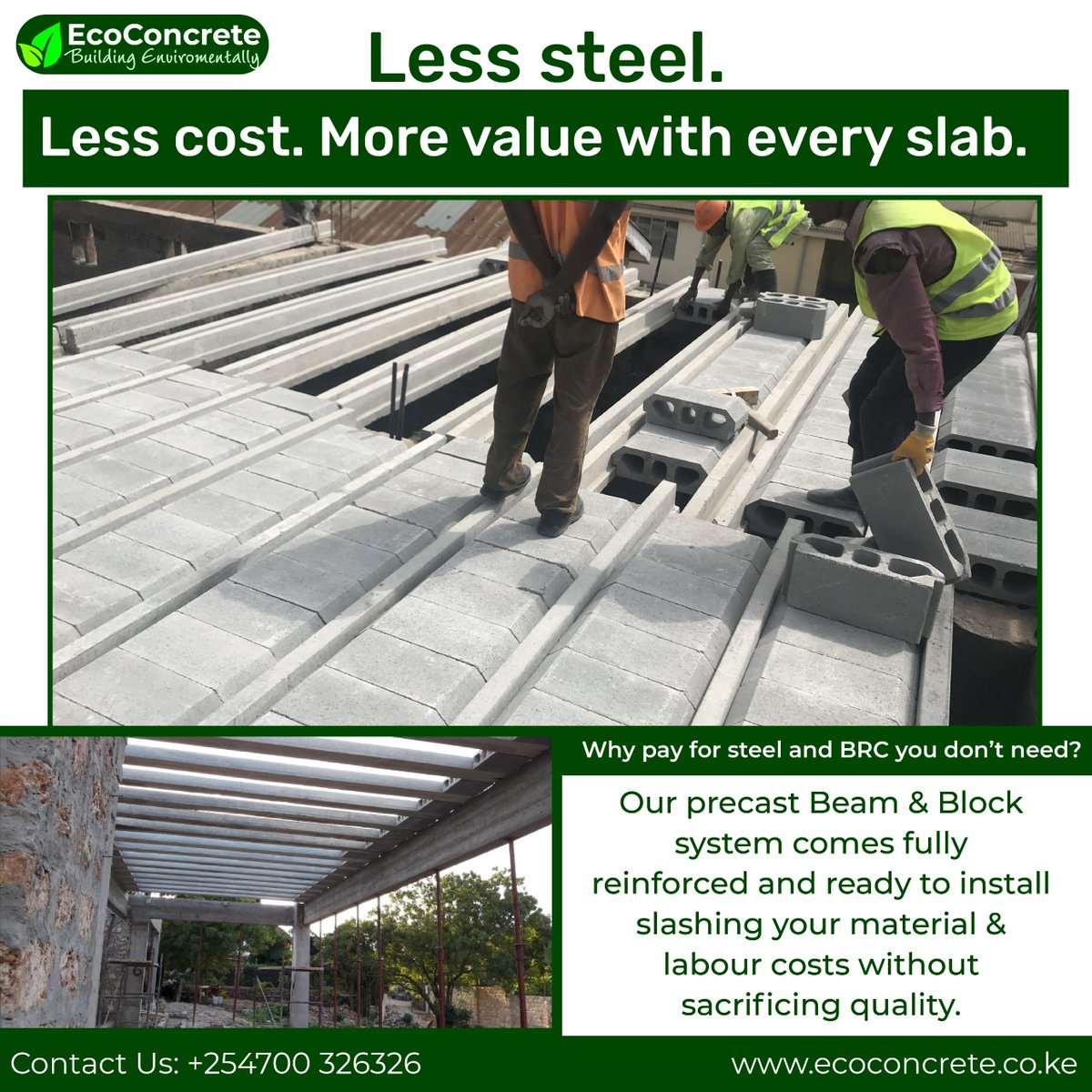 With EcoConcrete’s Ready Floor system, no BRC mesh or steel reinforcement is required. The precast concrete beams are pre-stressed for enhanced structural performance and reinforced with high tensile steel, enabling them to support substantial loads without the need for