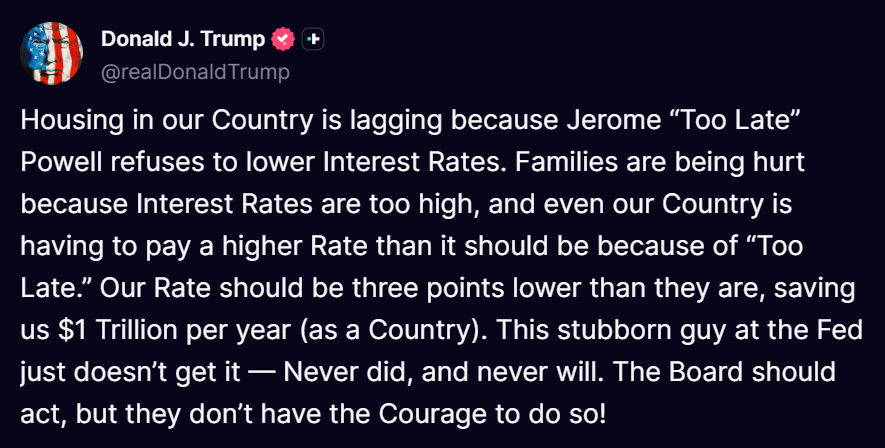 CryptooIndia's tweet image. JUST IN: 🇺🇸 Trump once again calls for lowering interest rates to 1.5%