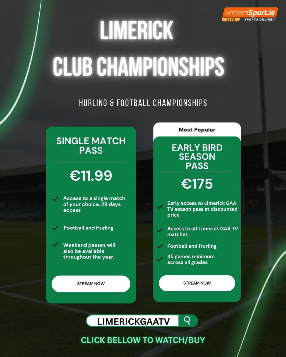 Tom Clancy (@tclansee) on Twitter photo There are two games live on <a href="/StreamsportI/">StreamSport.ie</a> this week from the Premier Intermediate Hurling Championship.
Effin v Croagh Kilfinny (Thurs), commentary from myself and Mark Foley.
Garryspillane v South Liberties (Sat), commentary from <a href="/johnnybkeogh/">John Keogh</a> and Andrew O'Shaughnessy. There are two games live on <a href="/StreamsportI/">StreamSport.ie</a> this week from the Premier Intermediate Hurling Championship.
Effin v Croagh Kilfinny (Thurs), commentary from myself and Mark Foley.
Garryspillane v South Liberties (Sat), commentary from <a href="/johnnybkeogh/">John Keogh</a> and Andrew O'Shaughnessy.