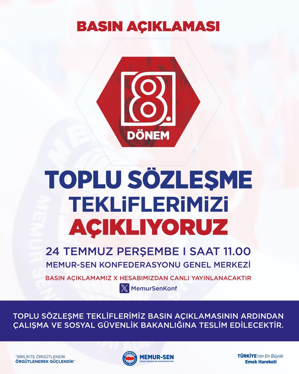 8. Dönem Toplu Sözleşme (2026-2027) Tekliflerimizi Açıklıyoruz

Kamu görevlilerinin ve emeklilerinin 2026-2027 yıllarında alacakları zam oranlarının ve elde edecekleri diğer mali ve sosyal hakların görüşüleceği 8. Dönem Toplu Sözleşme süreci öncesi Memur-Sen Konfederasyonu olarak