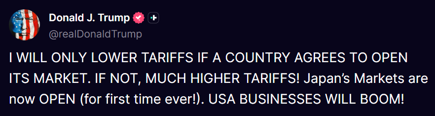 CryptooIndia's tweet image. JUST IN: 🇺🇸 Trump says he’ll only lower tariffs if other countries open their markets to the U.S.