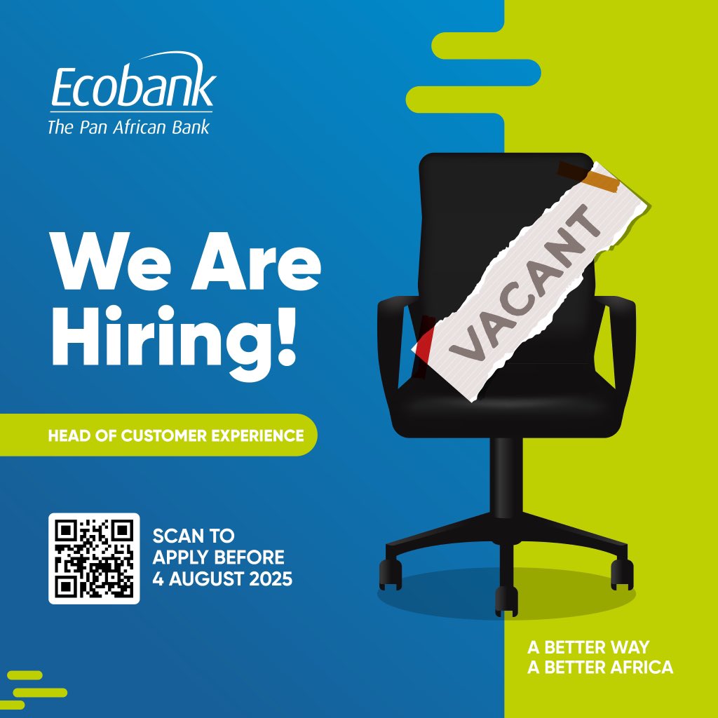 Are you passionate about people and service excellence?

Ecobank Rwanda is hiring a Head of Customer Experience, a strategic leader who can turn feedback into impact and ensure every customer interaction leaves a mark.
If creating seamless, meaningful journeys excites you, this
