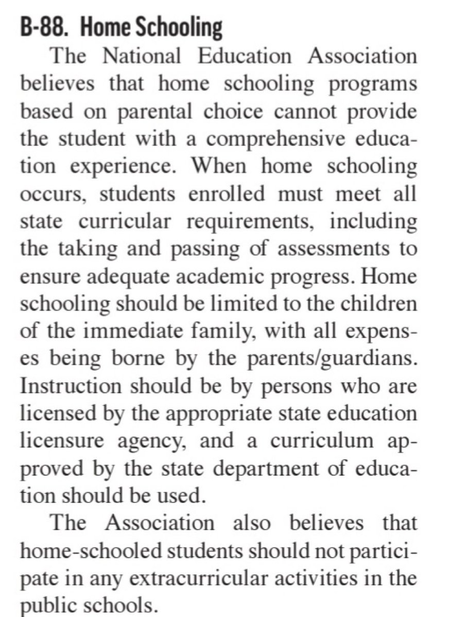 I’ll make the NEA a deal: when public schools provide the majority of students with a comprehensive education experience that results in 85% of non-special education students performing at or above grade level, we can have this conversation about homeschooling.