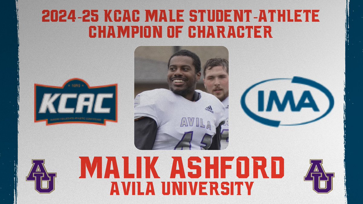 kcacsports's tweet image. The Kansas Collegiate Athletic Conference (KCAC) is proud to announce that Malik Ashford of @Avila_Athletics has been named the 2024-25 KCAC Male Student-Athlete Champion of Character!
All KCAC Champions of Character Awards are presented by @IMAfinancial.…
