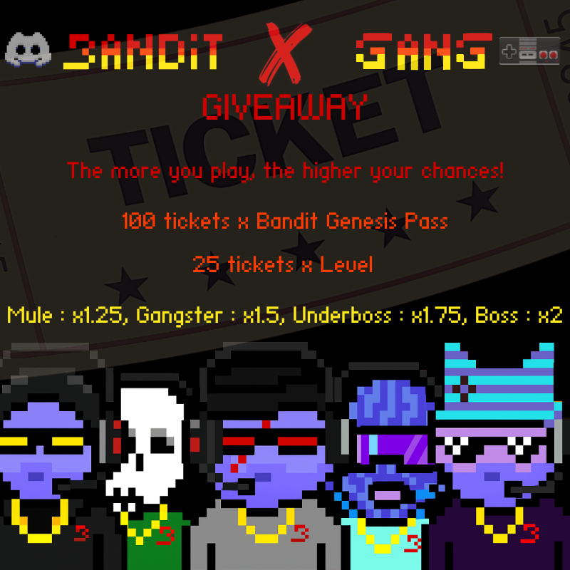 monad_bandit's tweet image. How do Discord Giveaways work in the Bandit gang?
Each outlaw stacks:
💸 100 tickets per Genesis Pass
🧪 +25 tickets per level in the Gang bot game
Then comes the hierarchy multiplier:
🥾 Mule: x1.25
🔫 Gangster: x1.5
💼 Underboss: x1.75
👑 Boss: x2
Once all the tickets are…