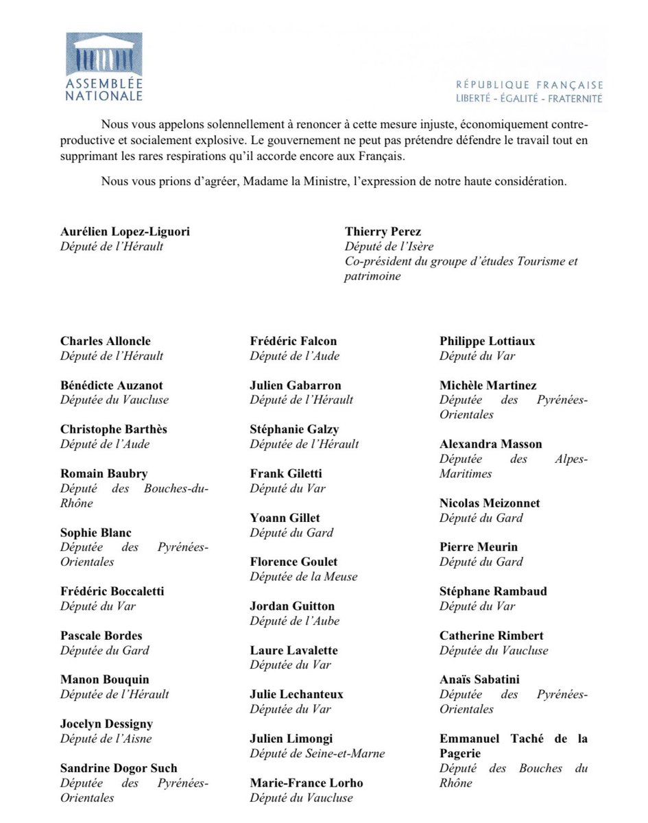 Boccaletti83's tweet image. ❌️ NON à la suppression de 2 jours fériés : lundi de Pâques et 8 mai !
✒️ Avec mes collègues députés @groupeRN_off et @groupeudr, nous avons adressé une lettre à Mme Nathalie Delattre, ministre déléguée chargée du #Tourisme de la France, pour exprimer notre vive opposition au…