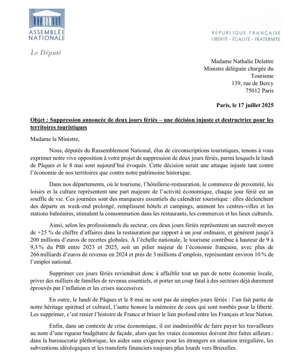 Boccaletti83's tweet image. ❌️ NON à la suppression de 2 jours fériés : lundi de Pâques et 8 mai !
✒️ Avec mes collègues députés @groupeRN_off et @groupeudr, nous avons adressé une lettre à Mme Nathalie Delattre, ministre déléguée chargée du #Tourisme de la France, pour exprimer notre vive opposition au…