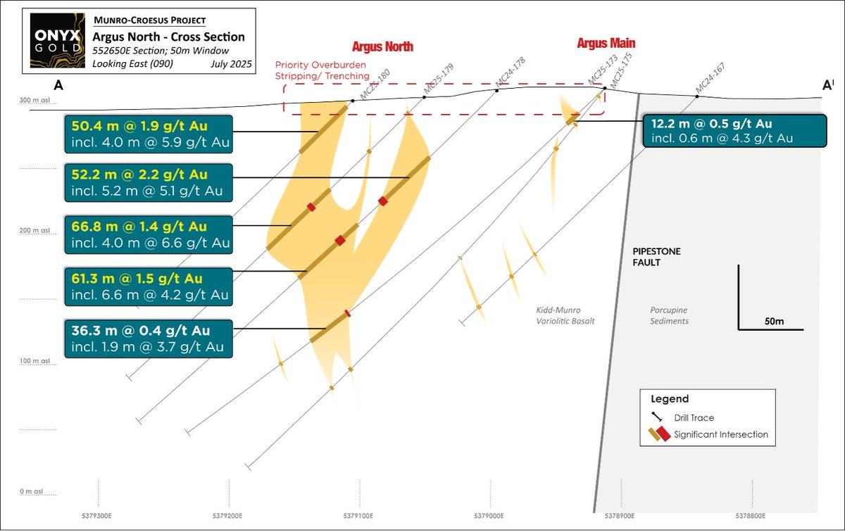OnyxGoldCorp's tweet image. Onyx Gold (TSX-V: ONYX | OTCQX: ONXGF) expands Argus North with 52.2m @ 2.2 g/t Au and 50.4m @ 1.9 g/t Au starting just 4m from surface. Zone now defined over 200 vertical meters with continuity and remains open in all directions. Drill program increased to 25,000m. Excavator…
