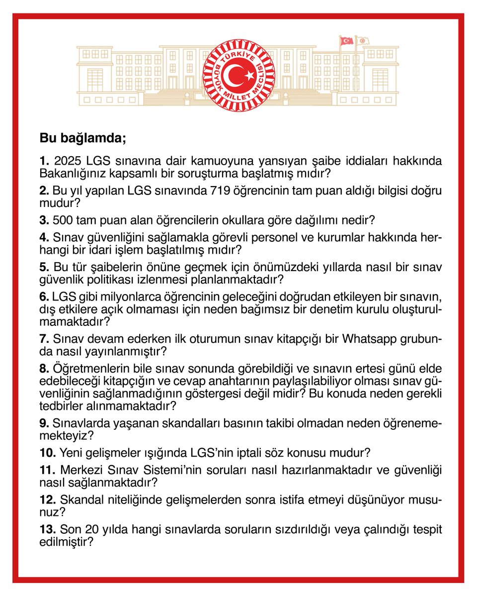 rprefahpartisi's tweet photo. 2025 yılı LGS (Liselere Geçiş Sistemi) sınavına ilişkin kamuoyuna yansıyan çok sayıda iddia, sınavın adil, şeffaf ve denetlenebilir bir şekilde yürütülüp yürütülmediği konusunda ciddi kuşkular doğurmuştur. Sosyal medyada ve çeşitli haber kaynaklarında, sınav sorularının sızdırıldığına, belli yayınevlerine veya kurumlara önceden benzer soruların verildiğine dair şaibeli bilgiler kamuoyunun gündemindedir. Konu ile ilgili yazılı soru önergemiz, Konya Milletvekilimiz Ali Yüksel tarafından TBMM’ye sunulmuştur.