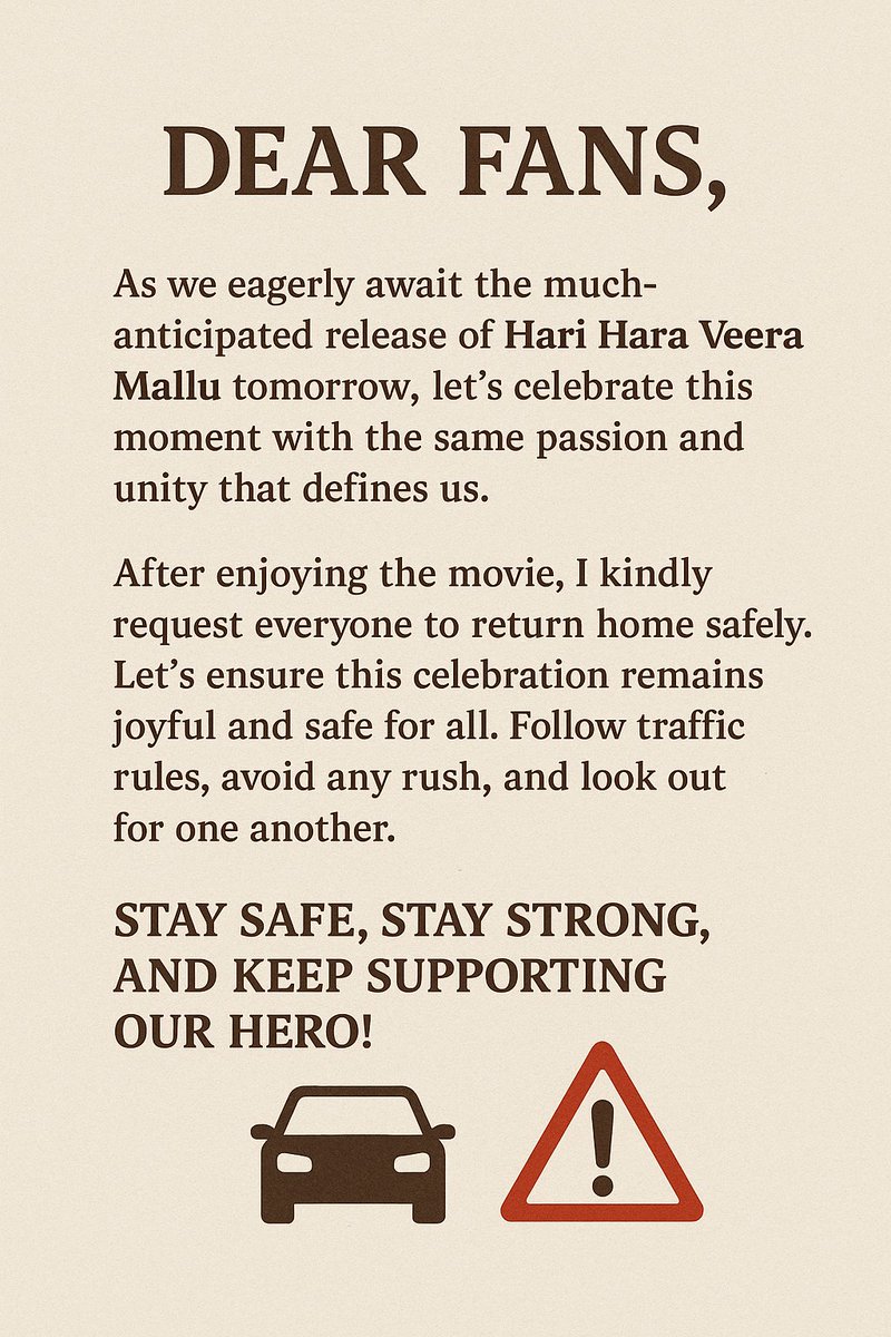 venkat_110's tweet image. Hari Hara Veera Mallu mania begins 🔥🎬
Watch enjoy & head home safely.
Let’s celebrate responsibly and keep the spirit high for our hero 💪✨
#HariHaraVeeraMallu
#HHVM
#HariHaraVeeraMalluOnJuly24th