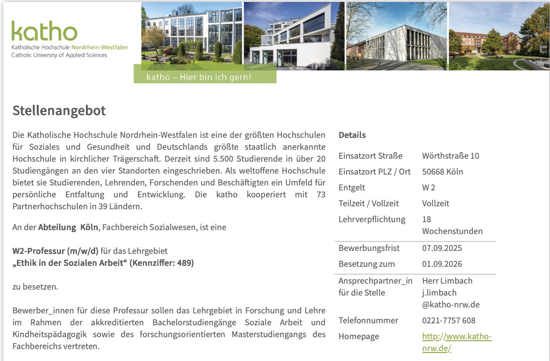 CARSkatho's tweet image. An der katho Köln ist eine Philosophie-Professur ("Ethik in der Sozialen Arbeit") ausgeschrieben
karriere.katho-nrw.de/jobposting/904…