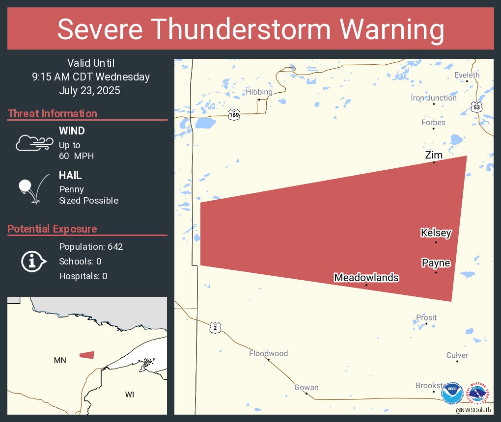 NWSSevereTstorm's tweet image. Severe Thunderstorm Warning continues for Meadowlands MN, Zim MN and Kelsey MN until 9:15 AM CDT