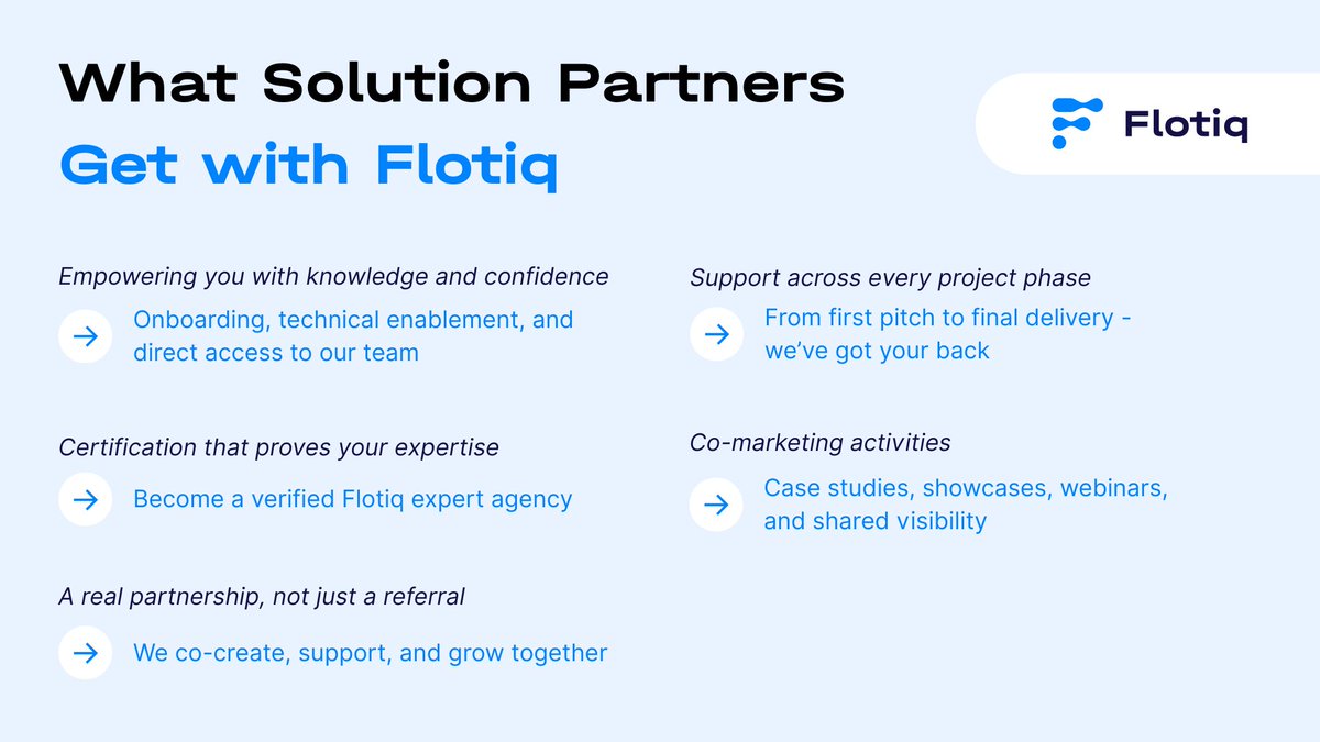 💡 Great tech needs great partners. At #Flotiq, we team up with agencies to turn #headlessCMS into real results. From tech support to co-marketing - we grow together. 🤝 
Curious? Contact <a href="/m_sobantka/">Magdalena Sobantka</a>, our Partnership Manager. 
Learn more: flotiq.com/blog/partner-w…
#SolutionPartner