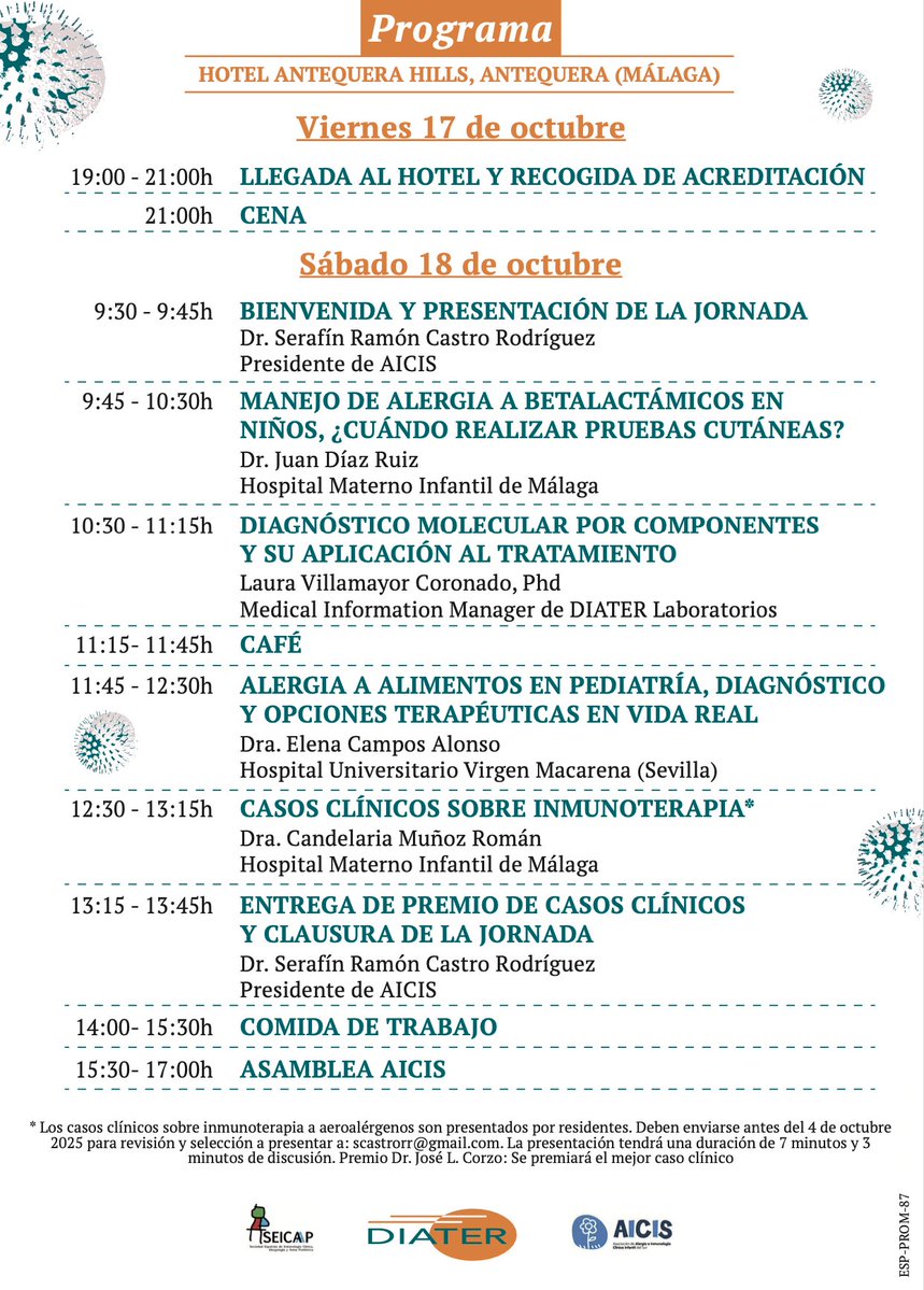 SEICAP's tweet image. 📢 REUNIÓN AICIS 2025 

📆 17 y 18 de octubre

📍Hotel Antequera Hills (Málaga) 

📥 Envío de casos clínicos: hasta el 4 de octubre de 2025 a scastrorr@gmail.com.

La presentación tendrá una duración de 7 minutos y 3 minutos de discusión.
seicap.es/aicis-2025-reu…