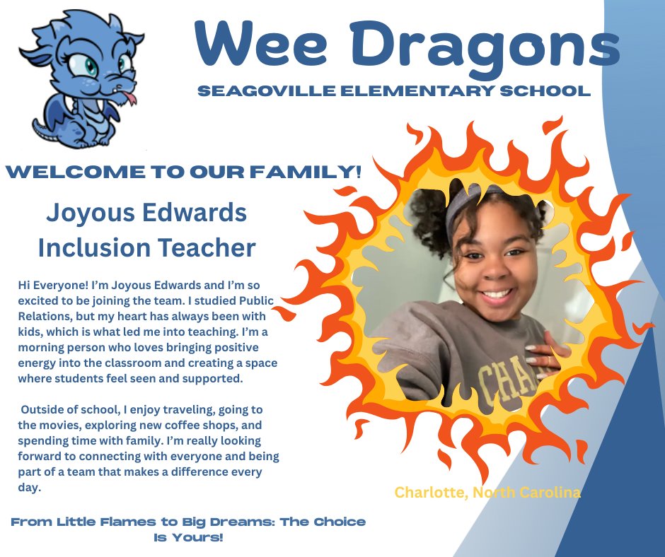 Seagoville_ES's tweet image. Help us give a fiery welcome to one of the newest members of our Wee Dragons family! 🔥 We're so excited to have Ms. Edwards join our team! @mrschoppa1908 @MariaRossAP @Region1DISD
