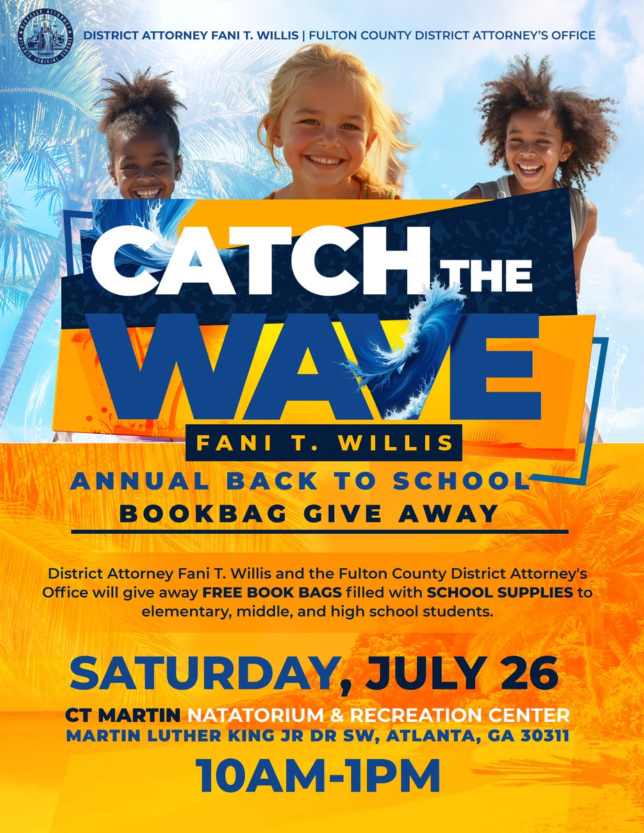 atlcouncil's tweet image. Council member @AndreaBooneNow joins Fulton County District Attorney's Office for their annual Catch the Wave Back to School Bookbag Giveaway on Saturday, July 26, at C.T. Martin Natatorium and Recreation Center from 10 a.m. to 1 p.m.
Bookbags filled with school supplies will…