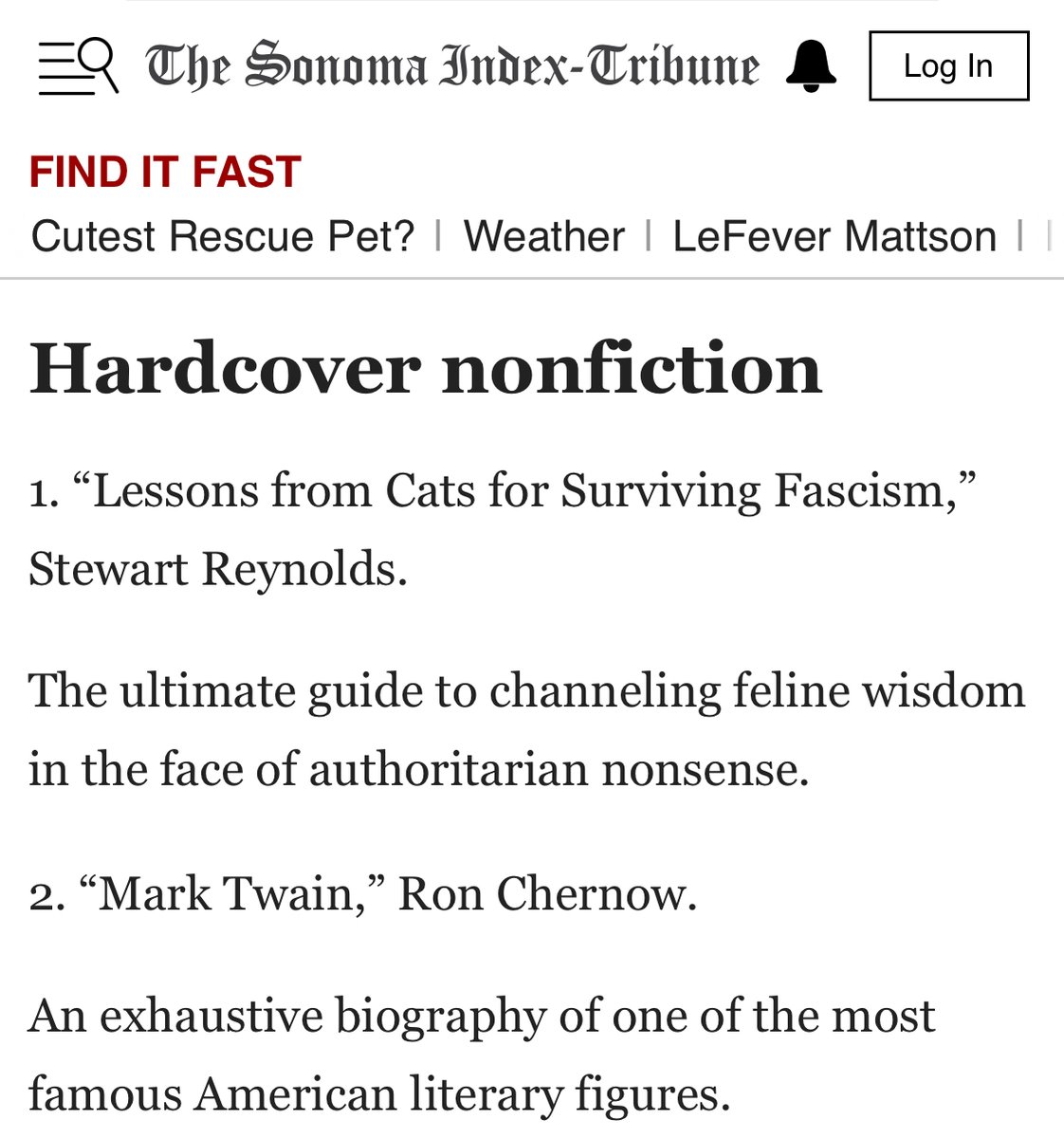 brittlestar's tweet image. “Lessons from Cats for Surviving Fascism” is the #1 hardcover nonfiction book according to the Sonoma Index-Tribune.
If you’re unfamiliar with the book, it’s a guide to navigating the rise of authoritarian nonsense… with the aloof, unbothered brilliance of a cat.
