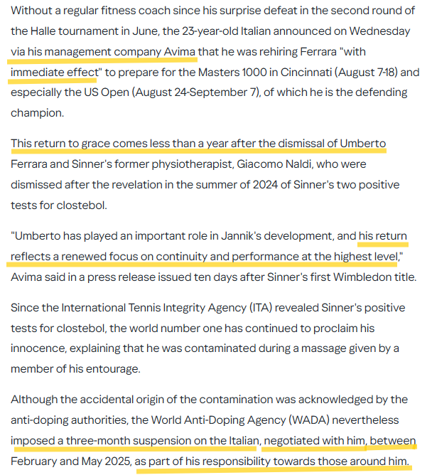 CristinaNcl's tweet image. AFP:
A quick return that seems like a bit of a snub: world number one Jannik Sinner will start working again with his former fitness coach Umberto Ferrara, who was involved in his positive tests for an anabolic steroid...
fr.news.yahoo.com/sport/tennis-s…
