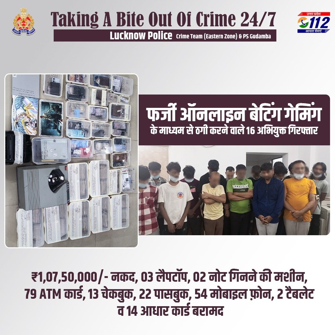 UP POLICE (@uppolice) on Twitter photo Zero Tolerance Against Fraudsters
рдлрд░реНрдЬреА рдСрдирд▓рд╛рдЗрди рдмреЗрдЯрд┐рдВрдЧ рдЧреЗрдорд┐рдВрдЧ рдХреЗ рдорд╛рдзреНрдпрдо рд╕реЗ рдардЧреА рдХрд░рдиреЗ рд╡рд╛рд▓реЗ рдЧрд┐рд░реЛрд╣ рдХреЗ 16 рдЕрднрд┐рдпреБрдХреНрддреЛрдВ рдХреЛ <a href="/lkopolice/">LUCKNOW POLICE</a> рджреНрд╡рд╛рд░рд╛ рдЧрд┐рд░рдлреНрддрд╛рд░ рдХрд░рддреЗ рд╣реБрдП рдЙрдирдХреЗ рдХрдмреНрдЬреЗ рд╕реЗ тВ╣1.07 рдХрд░реЛрдбрд╝ рдирдХрдж, 3 рд▓реИрдкрдЯреЙрдк, 2 рдиреЛрдЯ рдЧрд┐рдирдиреЗ рдХреА рдорд╢реАрди, 79 ATM рдХрд╛рд░реНрдб, 13 рдЪреЗрдХрдмреБрдХ, 22 рдкрд╛рд╕рдмреБрдХ, 54 рдореЛрдмрд╛рдЗрд▓ рдлреЛрди, 2 рдЯреИрдмрд▓реЗрдЯ рд╡ 14 Zero Tolerance Against Fraudsters
рдлрд░реНрдЬреА рдСрдирд▓рд╛рдЗрди рдмреЗрдЯрд┐рдВрдЧ рдЧреЗрдорд┐рдВрдЧ рдХреЗ рдорд╛рдзреНрдпрдо рд╕реЗ рдардЧреА рдХрд░рдиреЗ рд╡рд╛рд▓реЗ рдЧрд┐рд░реЛрд╣ рдХреЗ 16 рдЕрднрд┐рдпреБрдХреНрддреЛрдВ рдХреЛ <a href="/lkopolice/">LUCKNOW POLICE</a> рджреНрд╡рд╛рд░рд╛ рдЧрд┐рд░рдлреНрддрд╛рд░ рдХрд░рддреЗ рд╣реБрдП рдЙрдирдХреЗ рдХрдмреНрдЬреЗ рд╕реЗ тВ╣1.07 рдХрд░реЛрдбрд╝ рдирдХрдж, 3 рд▓реИрдкрдЯреЙрдк, 2 рдиреЛрдЯ рдЧрд┐рдирдиреЗ рдХреА рдорд╢реАрди, 79 ATM рдХрд╛рд░реНрдб, 13 рдЪреЗрдХрдмреБрдХ, 22 рдкрд╛рд╕рдмреБрдХ, 54 рдореЛрдмрд╛рдЗрд▓ рдлреЛрди, 2 рдЯреИрдмрд▓реЗрдЯ рд╡ 14