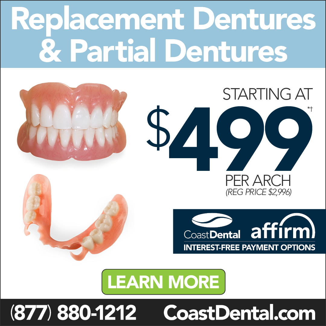 Replacement partials and dentures start at JUST $499 per arch*. 🦷💙 Scan our in-office QR code and enjoy easy monthly payments. Payment plans are subject to eligibility. See lending terms at affirm.com/disclosures

COUPON HERE: coastdental.com/coupons/replac…

Call Us (877) 880-1212  |