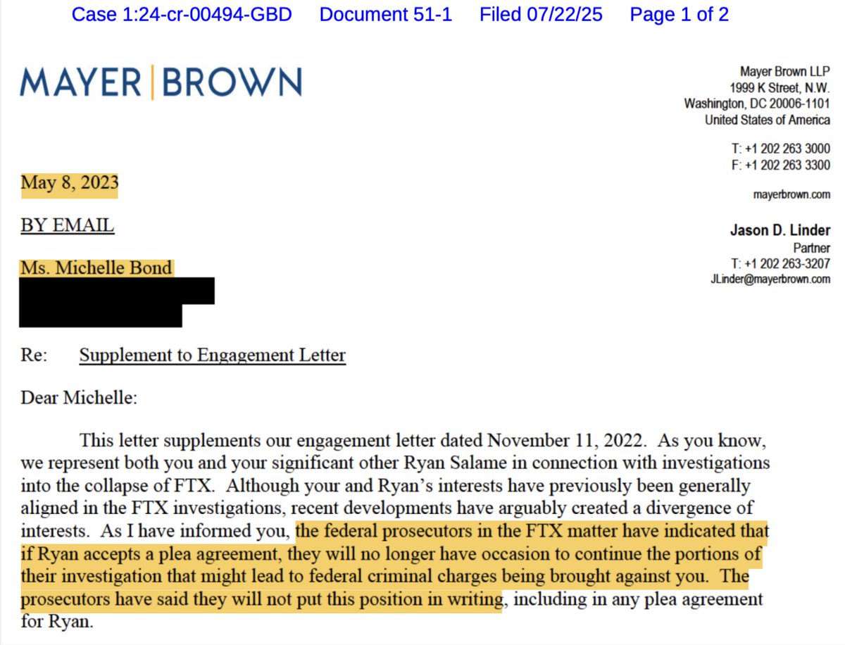 FreeSBF (@pardonsbf) on Twitter photo FTX Bahamas co-CEO <a href="/rsalame7926/">Ryan Salame</a>'s guilty plea was coerced
The govt threatened to indict his pregnant wife <a href="/michellebond111/">Michelle Bond</a> unless he pled guilty
Then it indicted her anyway
Prosecutors now deny promising otherwise...but yesterday, Bond shared this letter with the court
(1/8) FTX Bahamas co-CEO <a href="/rsalame7926/">Ryan Salame</a>'s guilty plea was coerced
The govt threatened to indict his pregnant wife <a href="/michellebond111/">Michelle Bond</a> unless he pled guilty
Then it indicted her anyway
Prosecutors now deny promising otherwise...but yesterday, Bond shared this letter with the court
(1/8)