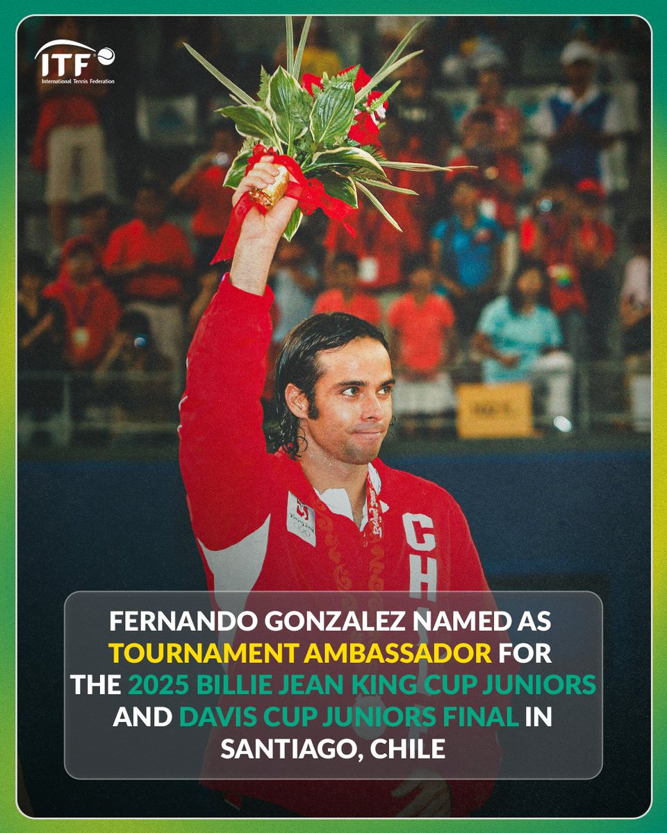 ITFTennis's tweet image. Former World No. 5 Fernando González has been appointed as the event ambassador for the 2025 Billie Jean King Cup by Gainbridge Junior Finals and Davis Cup Junior Finals held between 3-9 November
Read more here 👉 bit.ly/44Mk1St
