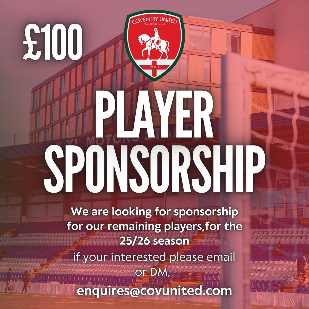 Support your favourite member of the Coventry United squad and showcase your business with Player Sponsorship!
 
Email sponsorship@covunited.com for more information.
 
#NonLeagueFootball
#WeAreUnited
#CovUnited