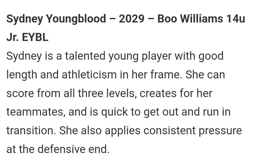 Sydney A. Youngblood (2029) (@sydi_hoops) on Twitter photo I appreciate the write up <a href="/PriceJameson1/">Jameson Price</a> and for naming me as a Standout during <a href="/NikeGirlsEYBL/">Nike Girls EYBL</a> Nationals!! Thank you <a href="/JrAllStarBB/">Jr. All-Star Girls Basketball</a> This is motivation to keep working hard⭐ <a href="/BWSL2029EYBL/">Boo Williams 2029 JR EYBL 💙💛</a> <a href="/BWSLGirlsAAU/">Boo Williams GBB</a> <a href="/CatholicWb/">Catholic wb Virginia Beach</a> I appreciate the write up <a href="/PriceJameson1/">Jameson Price</a> and for naming me as a Standout during <a href="/NikeGirlsEYBL/">Nike Girls EYBL</a> Nationals!! Thank you <a href="/JrAllStarBB/">Jr. All-Star Girls Basketball</a> This is motivation to keep working hard⭐ <a href="/BWSL2029EYBL/">Boo Williams 2029 JR EYBL 💙💛</a> <a href="/BWSLGirlsAAU/">Boo Williams GBB</a> <a href="/CatholicWb/">Catholic wb Virginia Beach</a>
