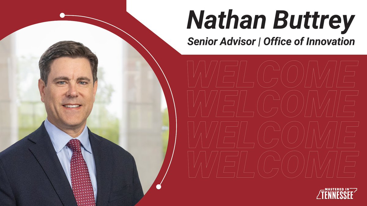 TNECD's tweet image. 🚨 Big news for innovation in Tennessee!
Nathan Buttrey has been appointed senior advisor to @CommishTNECD to lead the department's Office of Innovation.
Backed by @GovBillLee’s historic $63M investment in innovation, Buttrey will help position Tennessee as a place where…