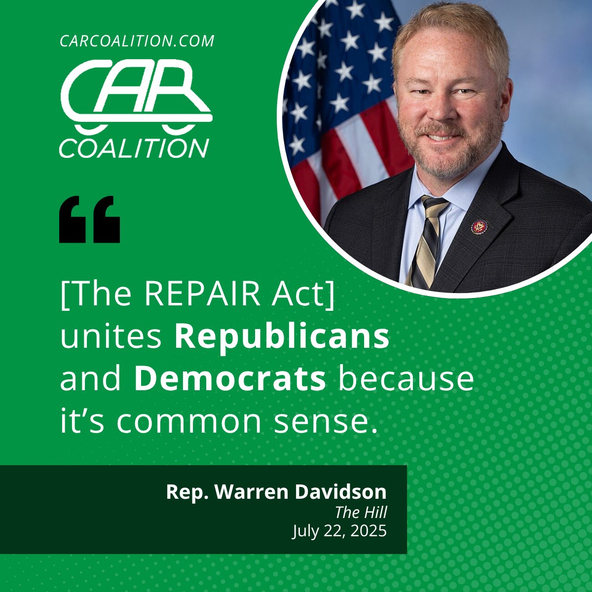 TheCARCoalition's tweet image. Right to Repair is not partisan. Right to Repair is:
✔️ Consumer choice
✔️ Fair competition
✔️ Trusted local mechanics
✔️ Lower costs
✔️ Stronger communities
Rep. @WarrenDavidson urges Congress to pass the #REPAIRAct now to restore your right to repair.
thehill.com/opinion/techno…