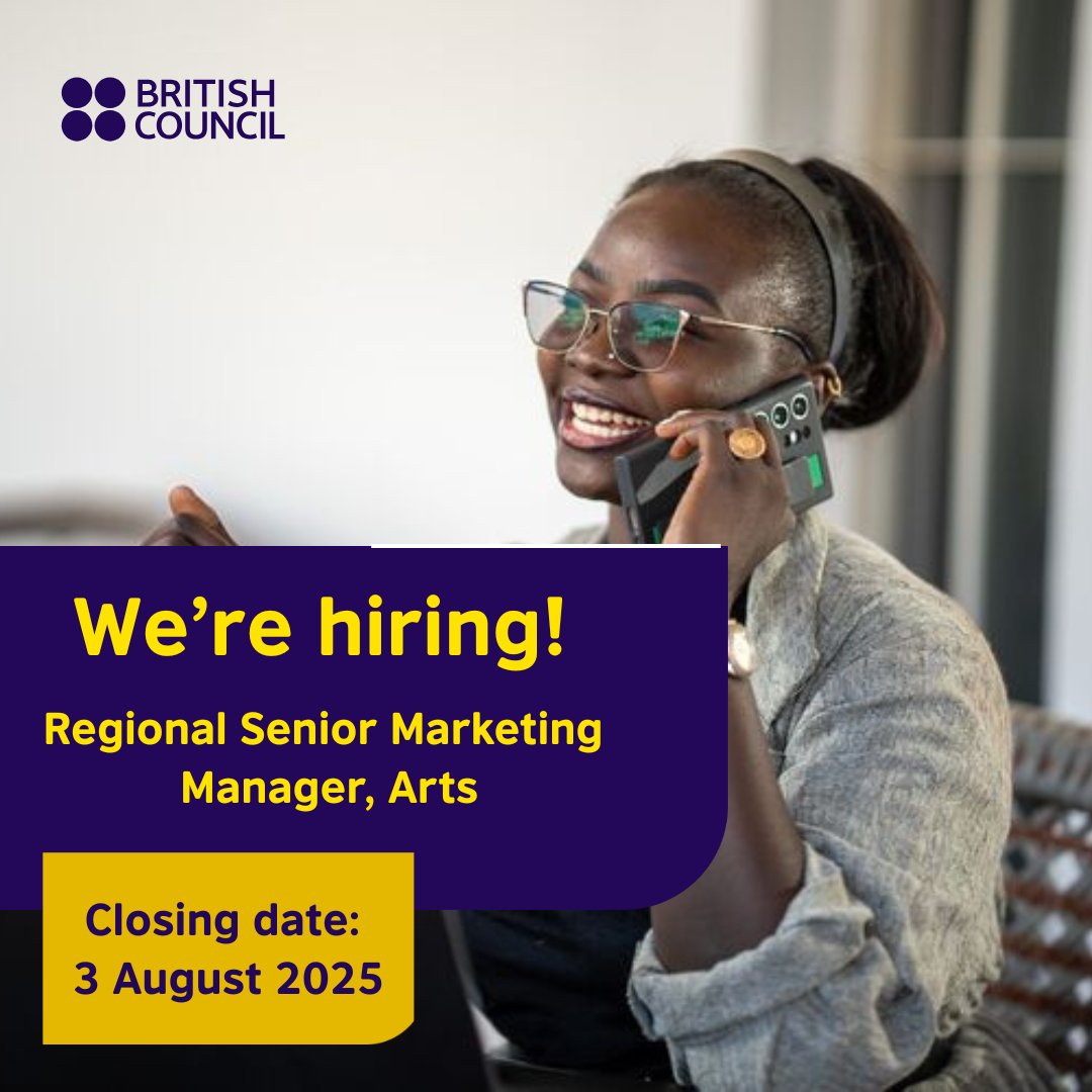 British Council (@ngbritish) on Twitter photo We're hiring: Regional Senior Marketing Manager – Arts
Join <a href="/BritishCouncil/">British Council</a> and lead creative campaigns that grow the reach & impact of our arts programmes across the region.
Apply now ow.ly/nmwR50WtUum
#ArtsMarketing #CreativeEconomy #MarketingJobs #JobsInAfrica We're hiring: Regional Senior Marketing Manager – Arts
Join <a href="/BritishCouncil/">British Council</a> and lead creative campaigns that grow the reach & impact of our arts programmes across the region.
Apply now ow.ly/nmwR50WtUum
#ArtsMarketing #CreativeEconomy #MarketingJobs #JobsInAfrica