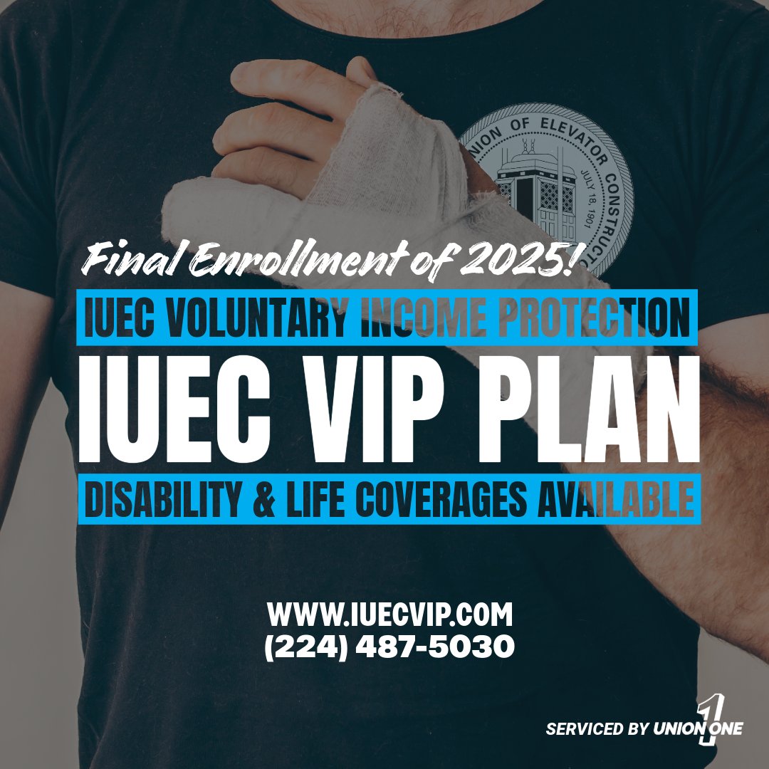 Our FINAL 2025 enrollment for IUEC VIP Benefits ends soon for coverage effective 9/1/2025. 

To enroll, call 224-487-5030 or visit iuecvip.com.  A major or minor health condition shouldn’t lead to a financial setback. 

The VIP Plan helps prevent financial hardship