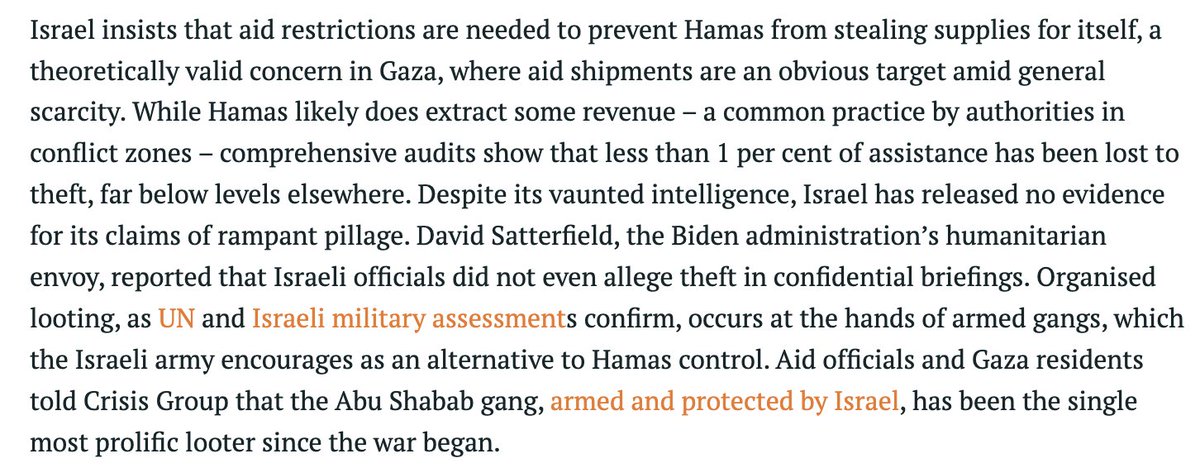owenjonesjourno's tweet image. The claim that Hamas is stealing aid is a lie to justify mass starvation.
Even Israel doesn't privately make this claim.
"Comprehensive audits show that less than 1 per cent of assistance has been lost to theft, far below levels elsewhere."
crisisgroup.org/middle-east-no…