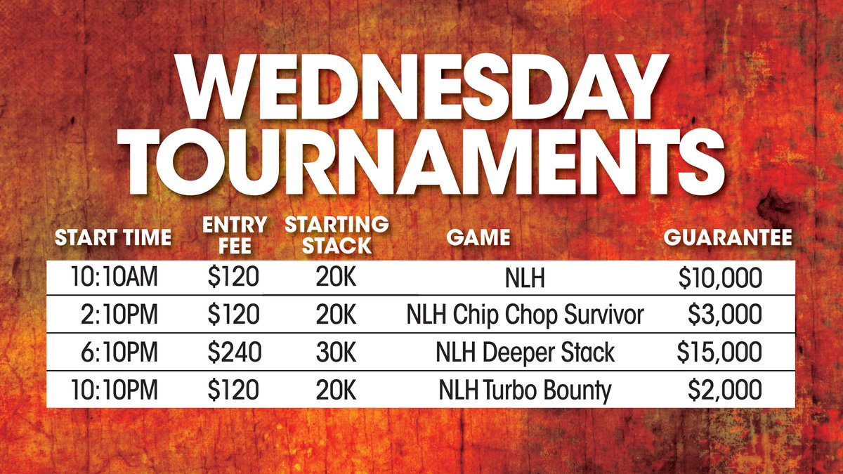 SPPokr's tweet image. WEDNESDAY’S DAILY TOURNEY @SPPOKR
10:10am $120 NLH $10K GTD
2:10pm $120 NLH CHIP CHOP SURVIVOR $3K GTD
6:10pm $240 DEEPER STACK $15K GTD
10:10pm $120 NLH TURBO BOUNTY ($25) $2KGTD