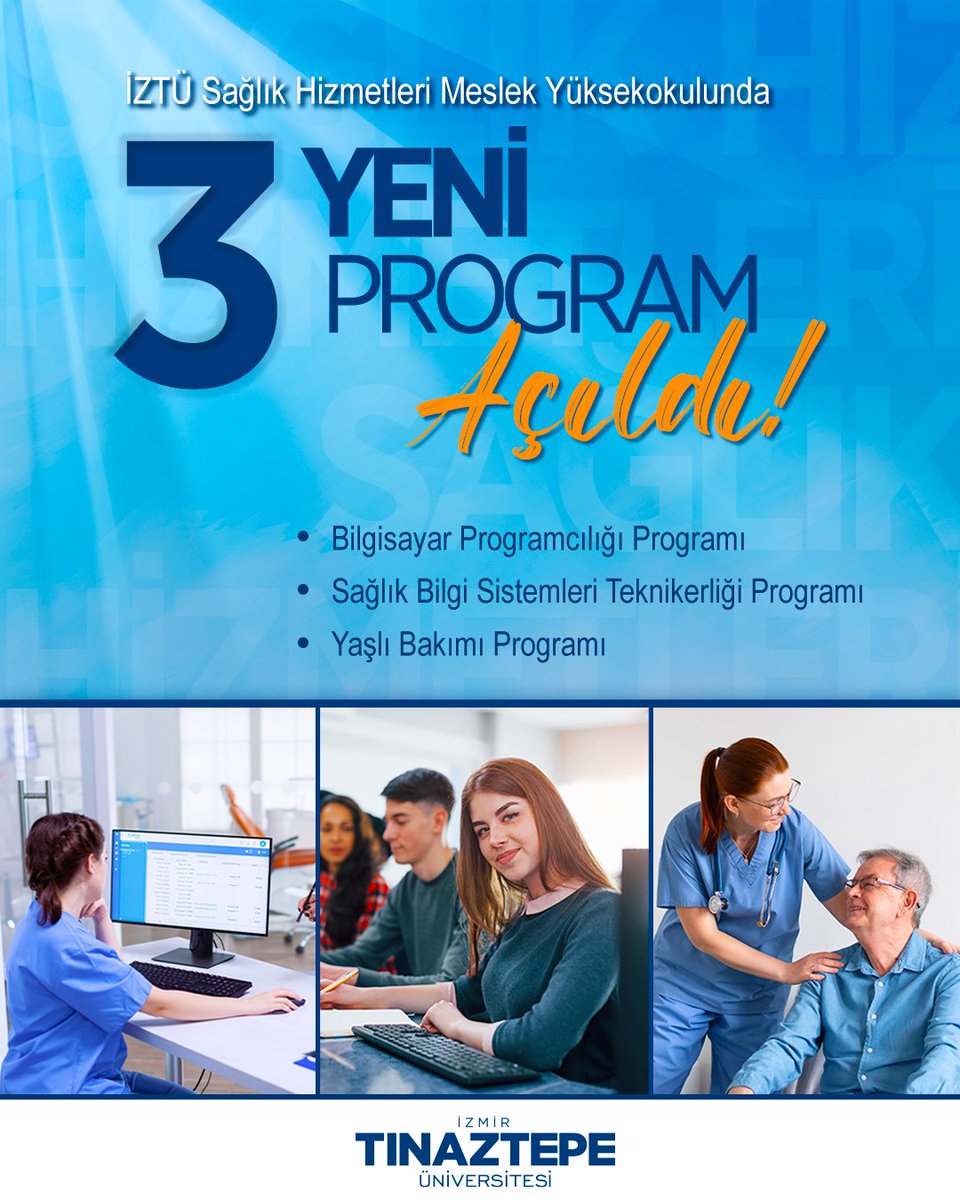 ⭐ Üniversitemiz Sağlık Hizmetleri Meslek Yüksekokuluna 3 Yeni Program!

🔹Bilgisayar Programcılığı Programı
🔹Sağlık Bilgi Sistemleri Teknikerliği Programı 
🔹Yaşlı Bakımı Programı
Detaylı Bilgi İçin:
tinaztepe.edu.tr

📍 İzmir Tınaztepe Üniversitesi
📞 0 (232) 999 20 17
