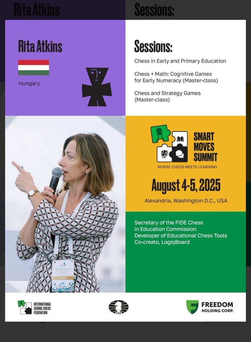 logiqBoard's tweet image. Rita Atkins will be taking @logiqBoard to America for The Smart Moves Summit! 🎉
The theme will be maths + chess ◽️◾️◽️◾️What a line up 👏