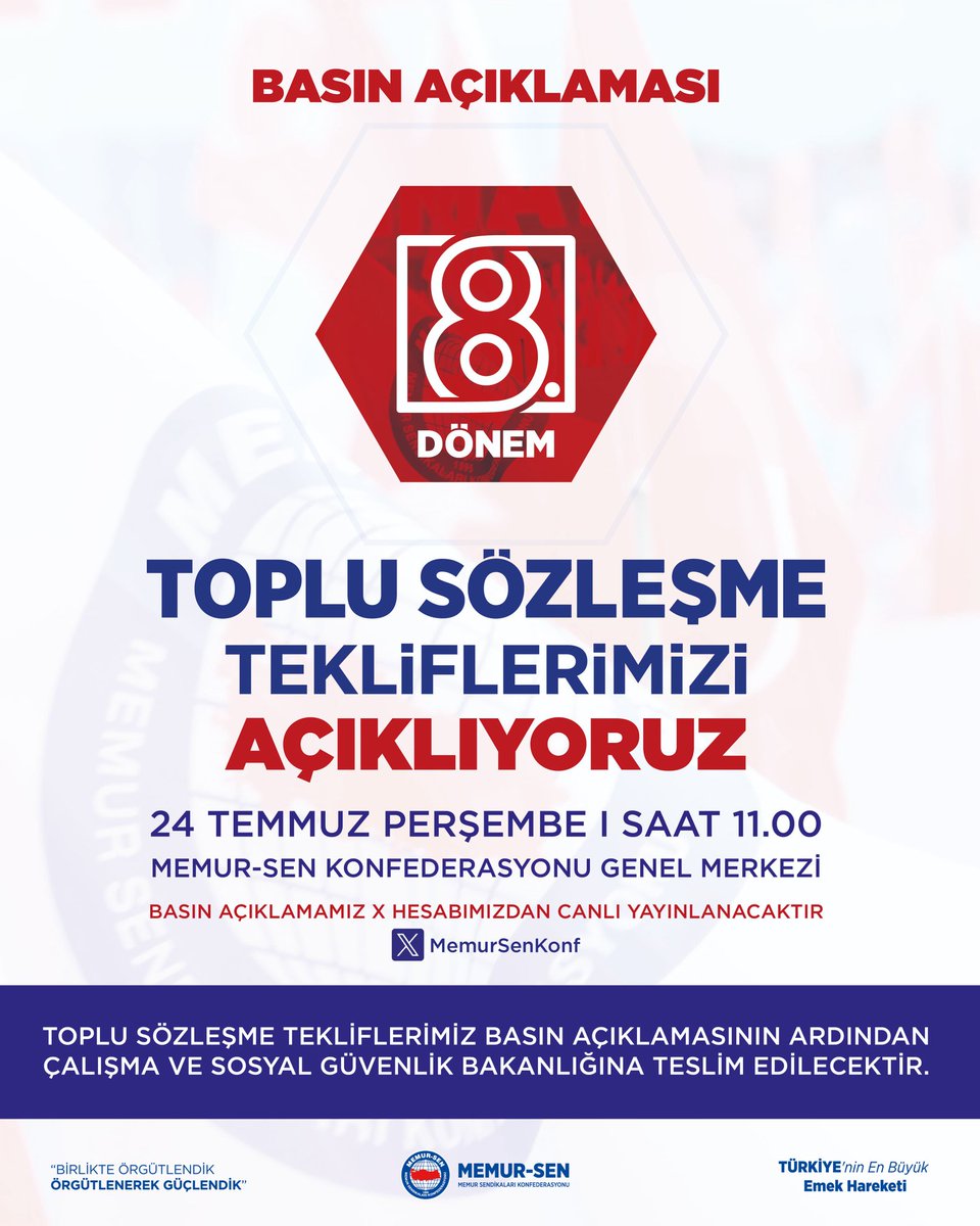 MemurSenKonf's tweet image. 8. Dönem (2026-2027) Toplu Sözleşme Tekliflerimizi Açıklıyoruz
Kamu görevlilerinin 2026-2027 yıllarındaki mali, sosyal ve özlük hakları ile çalışma şartlarını; anayasal ve demokratik haklarını kapsayan 8. Dönem Toplu Sözleşme tekliflerimizi Memur-Sen Genel Merkezi’nde basın…