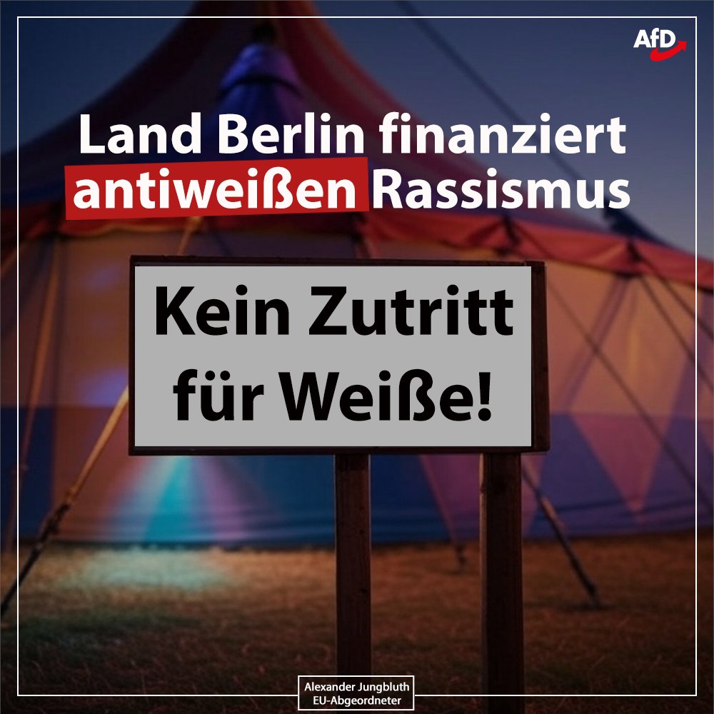 ‼️GroKo in Berlin finanziert antiweißen Rassismus‼️

🤬 In Berlin werden Vereine subventioniert, die Weiße bei ihren Angeboten explizit ausschließen. Die sogenannte „Blackademy“ organisiert Schwimmkurse für Schwarze und veranstaltet Zirkusvorstellungen für „Kinder der schwarzen