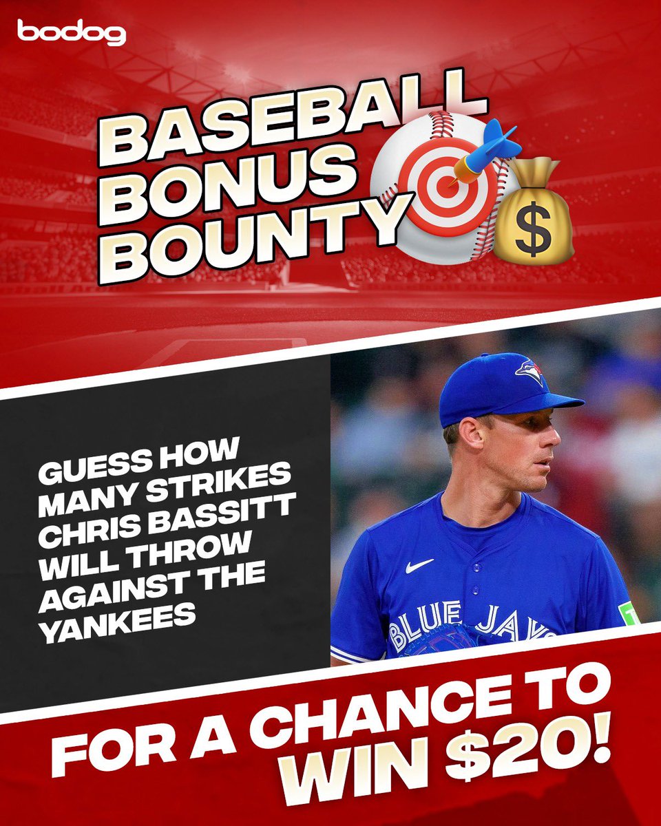BodogCA's tweet image. ⚾️🎯 BODOG PRESENTS… BASEBALL BONUS BOUNTY!
To enter:
• Follow @BodogCA
• 🔁 and reply with how many strikes you think Chris Bassitt will throw against the Yankees tonight!
We’ll pick a lucky winner!
If no one guesses correct, the pot will grow by $10 🤑
#MLB ➡️…
