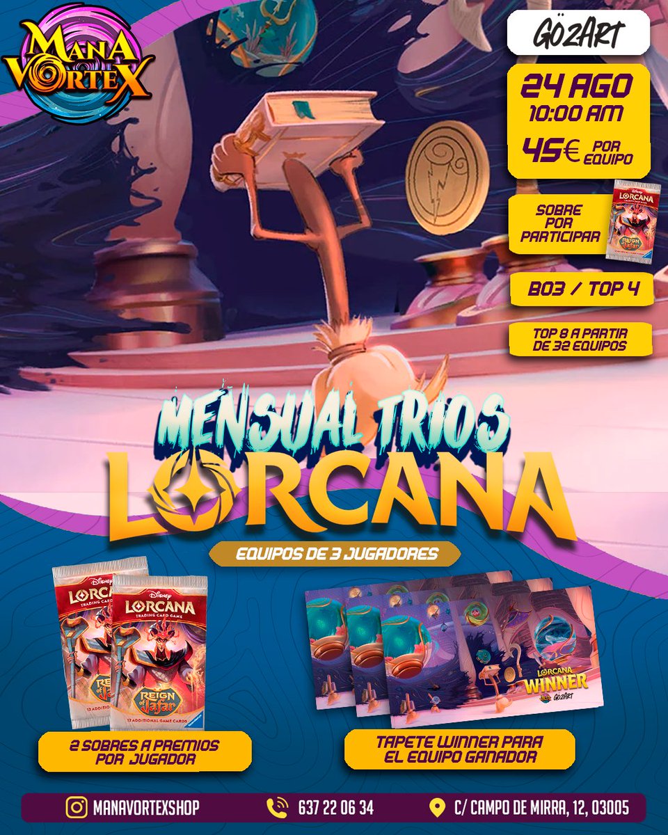 🏆LORCANA - MENSUAL DE TRIOS🏆

Tenemos una sorpresa para despedirnos del formato actual, vamos a despedirlo en equipo!

Torneito veraniego de trios🌞🍹

🗓️24 Agosto 10:00
🗺️ Mana Vortex, Alicante
🛒 Pilla tu plaza (por equipos):  manavortex.es/product/lorcan…