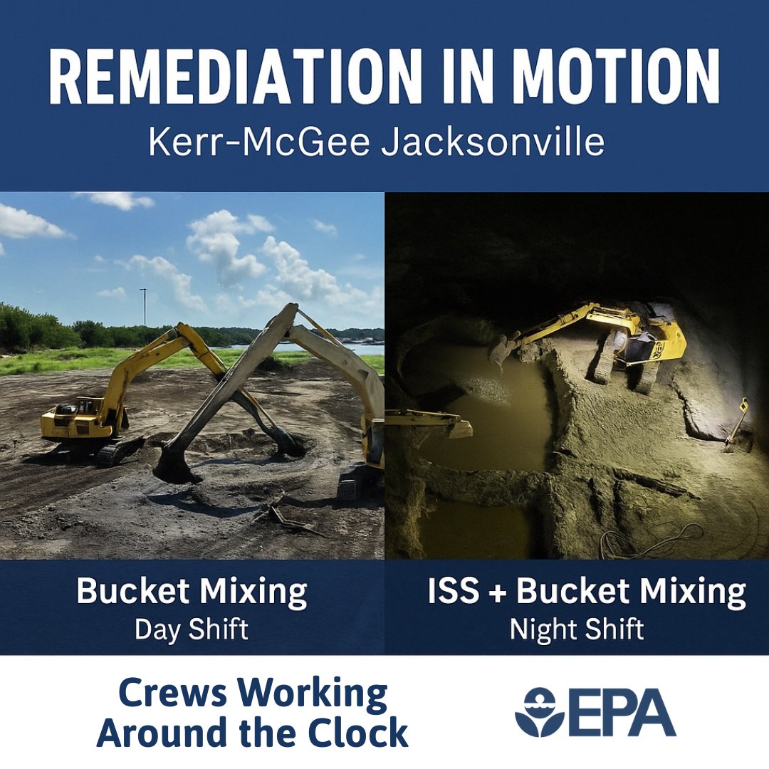 🚧 Big Moves at Kerr-McGee! 💪 
 
Did someone say Night Shift? 😴🌙 We’ve got excavators working under the stars as part of our latest remediation effort in Jacksonville!
 
✨ Crews are hard at work, performing in-situ stabilization and solidification (ISS) — a fancy way of