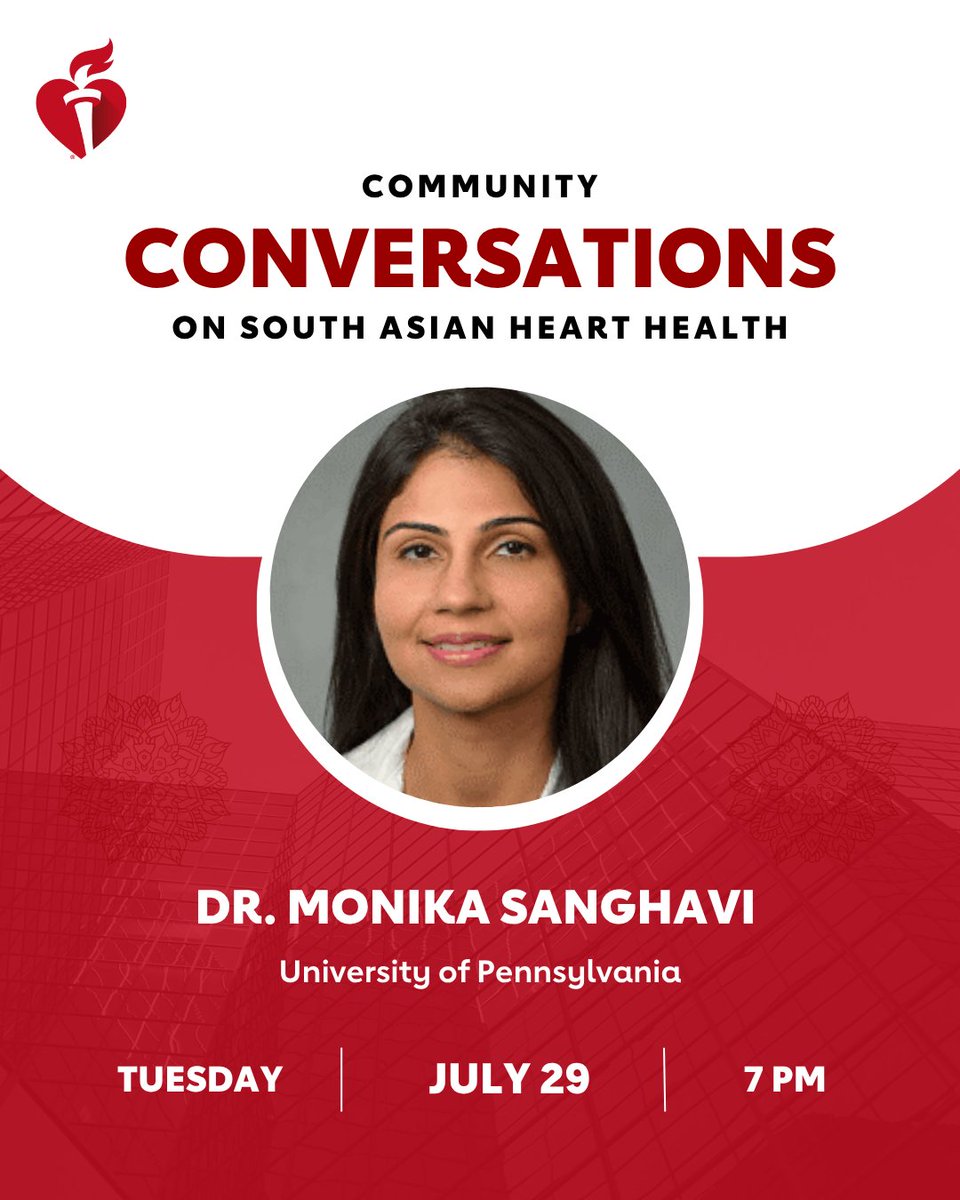 American Heart Association: Massachusetts (@americanheartma) on Twitter photo 📣 The next Community Conversations on South Asian Heart Health is 7/29 at 7 PM — and we’re focusing on women’s health.
Join <a href="/MonSangh/">Monika Sanghavi MD, FACC</a>, national <a href="/American_Heart/">American Heart Association</a> leader & expert in women’s cardiovascular care, for this important discussion.
Register now: heart.zoom.us/webinar/regist… 📣 The next Community Conversations on South Asian Heart Health is 7/29 at 7 PM — and we’re focusing on women’s health.
Join <a href="/MonSangh/">Monika Sanghavi MD, FACC</a>, national <a href="/American_Heart/">American Heart Association</a> leader & expert in women’s cardiovascular care, for this important discussion.
Register now: heart.zoom.us/webinar/regist…
